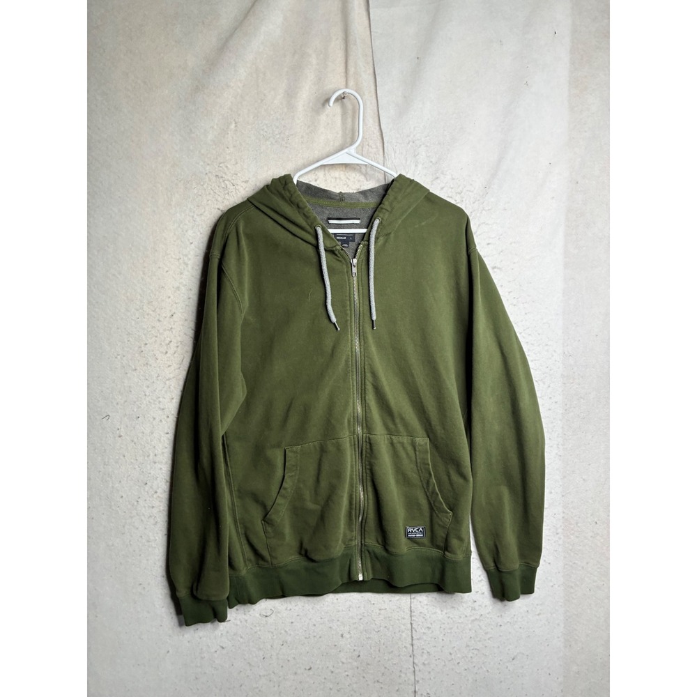 RVCA Mens Regular Fit Full Zip Hoodie Olive Green French Terry Sweatshirt L